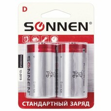 Батарейки SONNEN, D (R20), комплект 2 шт., солевые, в блистере, 1,5 В, 451100