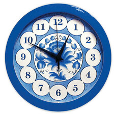 Часы настенные САЛЮТ П-Б4-169, круг, голубые с рисунком "Гжель", синяя рамка, 28х28х4 см