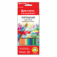 Карандаши цветные акварельные BRAUBERG "АКАДЕМИЯ", 12 цветов, шестигранные, высокое качество