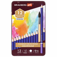 Карандаши художественные цветные акварельные BRAUBERG ART PREMIERE, 12 цветов, грифель 4 мм, металл 181533