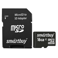 Карта памяти micro SDHC, 16 GB, SMARTBUY, 10 Мб/сек. (class 10), с адаптером, SB16GBSDCL10-01
