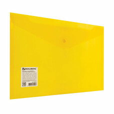 Папка-конверт с кнопкой BRAUBERG А4 до 100 л. прозрачная желтая СВЕРХПРОЧНАЯ 0,18 мм, 270472, 180мкм
