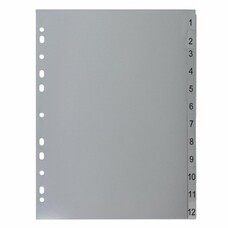 Разделитель пластиковый BRAUBERG, А4, 12 листов, цифровой 1-12, оглавление, серый, 225596