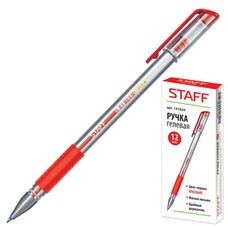 Ручка гелевая STAFF, корпус прозрачный, узел 0,5 мм, линия 0,35 мм, резиновый упор, красная, 141824