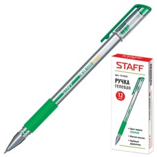 Ручка гелевая STAFF, корпус прозрачный, узел 0,5 мм, линия 0,35 мм, резиновый упор, зеленая, 141825