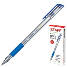 Ручка гелевая STAFF, корпус прозрачный, узел 0,5 мм, линия 0,35 мм, резиновый упор, синяя, 141822