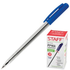 Ручка шариковая автоматическая STAFF, корпус прозрачный, узел 0,8 мм, линия 0,4 мм, синяя, 141673