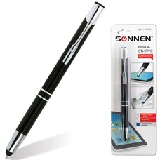 Ручка-стилус SONNEN для смартфонов/планшетов, корпус черный, серебристые детали, 1 мм, блистер, синяя, 141588