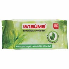 Салфетки влажные, 50 шт., ЛАЙМА, универсальные, очищающие, для всей семьи, экстракт зеленого чая, 128077