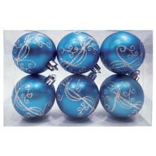 Шары елочные, набор 6 шт., пластик, диаметр 6 см, с рисунком глиттером, цвет голубой (глянец), 59588