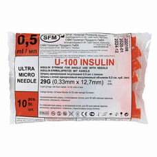 Шприц инсулиновый SFM, 0,5 мл, КОМПЛЕКТ 10 шт., пакет, U-100 игла несъемная 0,33х12,7 мм - 29G, 534252