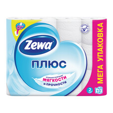 Бумага туалетная бытовая, спайка 12 шт., 2-х слойная (12х23 м), ZEWA Plus, белая, 144090