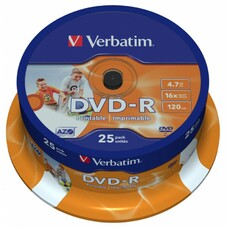 Оптический диск DVD-R VERBATIM 4.7Гб 16x, 25шт., cake box, printable [43538]