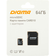 Карта памяти microSDXC UHS-I U1 Digma 64 ГБ, 70 МБ/с, Class 10, CARD10, 1 шт., переходник SD [dgfca064a01]