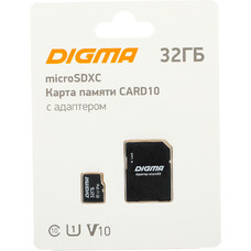 Карта памяти microSDXC UHS-I U1 Digma 32 ГБ, 70 МБ/с, Class 10, CARD10, 1 шт., переходник SD [dgfca032a01]