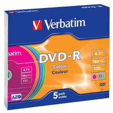 Оптический диск DVD-R VERBATIM 4.7Гб 16x, 5шт., slim case, разноцветные [43557]
